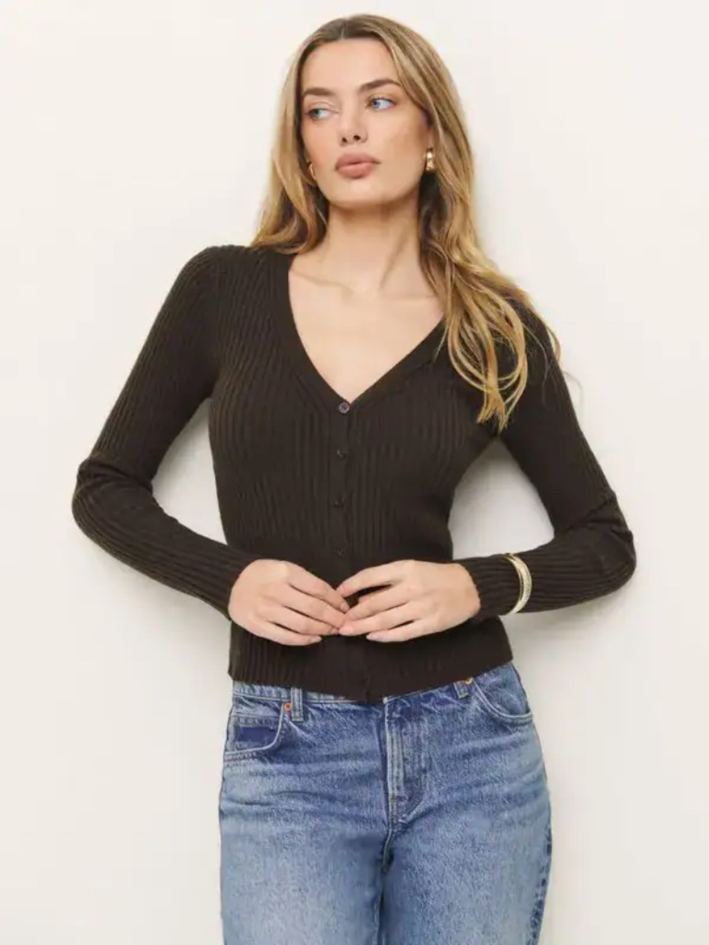 Reformation Fia Cashmere Blend Cardigan in Black Bean